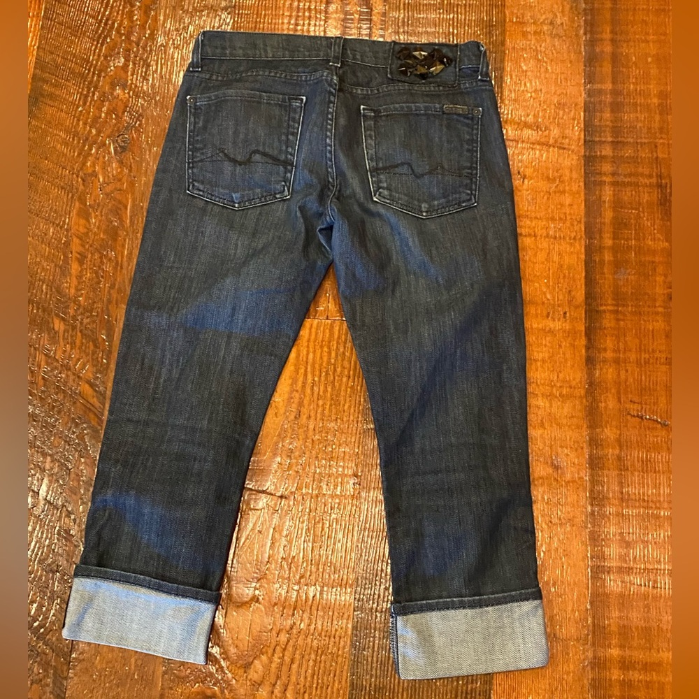 7 FOR ALL MANKIND Women’s Blue Jeans Capris size 27, cool bejeweled back waist!!
